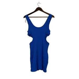 ZARA Ribbed Side Cutouts Bodycon Midi Dress Stretch Slim Round Neck L Royal Blue